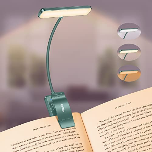 Gritin Leselampe Buch Klemme, USB Wiederaufladbare Buchlampe mit 19 LEDs, 3 Farb, Lange Laufzeit, Stufenlose Helligkeit Klemmlampe, 360° Flexibel Klemmleuchte für Nachtlesen ins Bett-Dunkelgrün