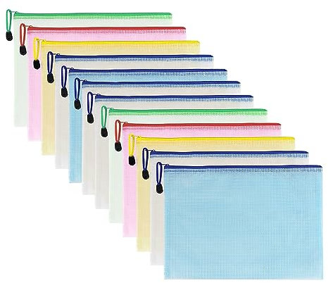 Taiyeestar 12 Stück Dokumententasche A4, bunte wasserdichte Dokumententasche mit Reißverschluss, Datei Zipper Tasche Mesh Kunststoff Reißverschlusstasche für Dokumente, Kosmetika, Reisezubehör