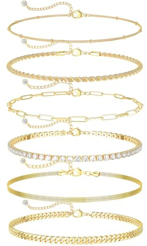 DEARMAY 14K Gold Plated Ankle Bracelets for Women Waterproof Dainty Anklets for Women Trendy Layered Cuban Link Chain Herringbone Cute Anklet Summer Beach Jewelry Fashion Gift for Women
