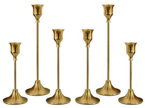 NLBTW Set of 6 Brass Gold Candle Holders for Taper, Vintage Candlestick Holder Decorative Metal Candle Sticks Home Decor Centerpieces for Table Mantel Festive Decorations