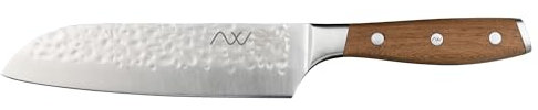 Rockingham Forge Ashwood 17.5cm Japanese Santoku Kitchen Knife - Ultra-Sharp German Stainless Steel Blade - Professional Chef Non-Stick Hammered Finish - Durable Full Tang Natural Wood Handle