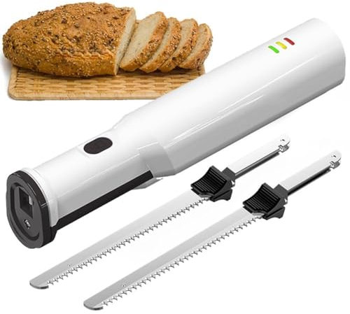 YEHOZZ Cuchillo De Pan Eléctrico Inalámbrico Recargable con 2 Cuchillas Dentadas De Acero Inoxidable De 8 Pulgadas Y Liberación De Gatillo De Bloqueo De Seguridad, Tallar Carnes, Aves, Pan