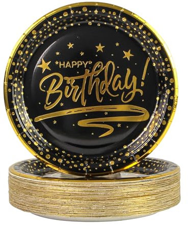 DHAIQC Piatti di Carta Nero Bordo Dorato - 50 Pezzi per Feste 18 cm Bambini
