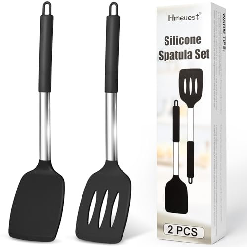 Silicone Spatula, 2 Pcs Heat Resistant Slotted Spatulas for Cooking, BPA Free Non Stick Flexible Silicone Spatula Set, Large Black Spatula Turner for Baking, Frying, Flipping Eggs, Pancakes