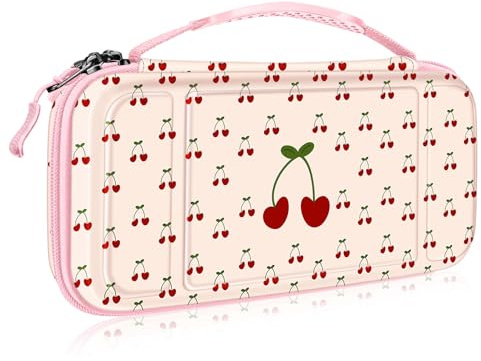 FINTIE Étui pour Nintendo Switch OLED 2021 et Switch 2017 - Housse de Transport Anti-Choc en EVA, Étui de Voyage avec 10 Emplacements Cartes de Jeu, Cerise