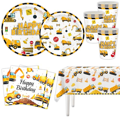 MORAINJAY 51-Piece Construction Party Decorations, Digger Truck Tableware Set, Dump Truck Paper Plates, Cups, Napkins, Builder Theme Birthday Party Supplies (Serves 10 Guests)