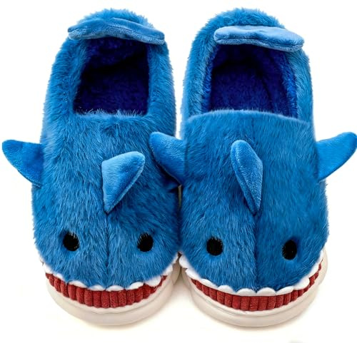 Vunavueya Chausson Hiver Femme Requin Peluche Pantoufles Fourrées pour la Maison Homme Accueil Slippers Doublés Chaud Bleu 39/40 EU_40-41CN