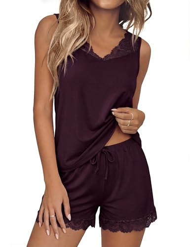 Demegimi Women's Pyjama Set Soft Sleeveless Cami Tank Pjs Set with Drawstring Shorts Elegant V-Neck Summer Sleepwear Loungewear with Lace Trim Purple