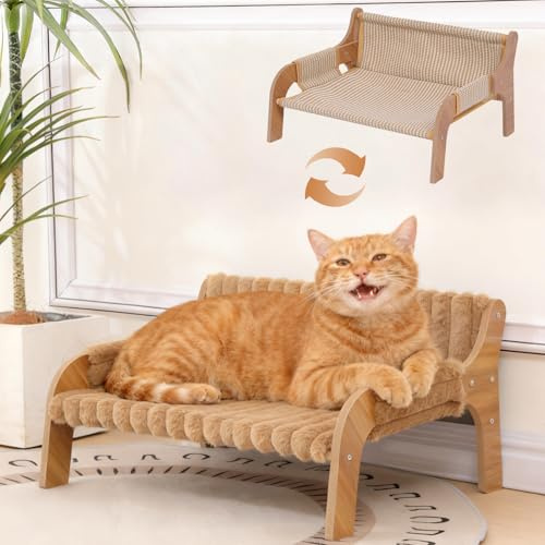 NICEME Elevated Wooden Cat Sofa Bed, Small Raised Cat Furniture with Replaceable Washable Warm/Cool Cushions for Indoor Cats (Brown, S)