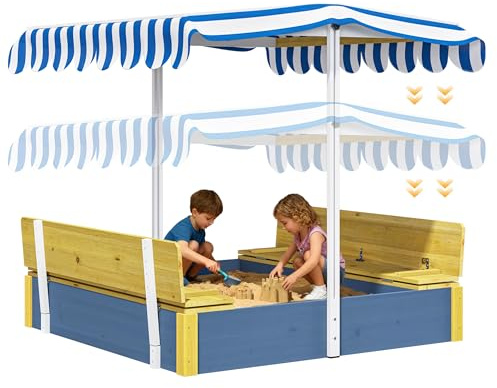 Sand Box with Lid and Cover -Sandbox with Adjustable Canopy, Storage and Bottom Liner Wooden Sand Pit Bench for Backyard Outdoor Indoor Playgrounds for Kids Ages 4-8 (Blue)