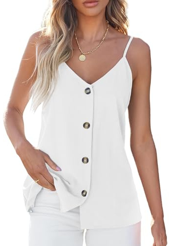 BLENCOT Tank Tops for Womens Summer Boho Button Down V Neck Business Casual Going Out Top Spaghetti Strap Beach Vacation Clothes Dressy Spring Sleeveless Blouses White M