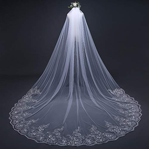 SimpleLife Voile de Mariage 4M Romantique Avec Dentelle Brodée, Couche Unique de Cheveux de Mariée avec Peigne