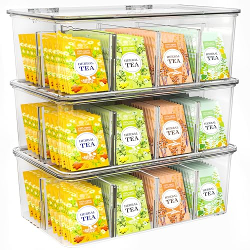 Utopia Home - Tea Bag Organizer With Lids, Clear Pantry Storage Box - (3 Pack) Stackable Partition Organizers or Holder With Lids For Drawers, Countertops, Fridge, Kitchen, Snack & Spice Organization