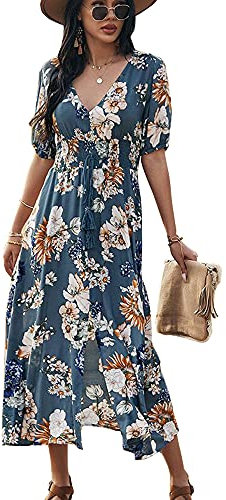 Saiqigui Women's Summer Short Sleeve V-Neck Floral Casual Maxi Long Dress Beach Boho Style (XL, Blue, x_l)