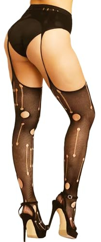 Forevers - Medias de red con tirantes para mujer, cintura alta, liguero, patrón de medias hasta el muslo, medias de red con liga, Agujeros, Talla única