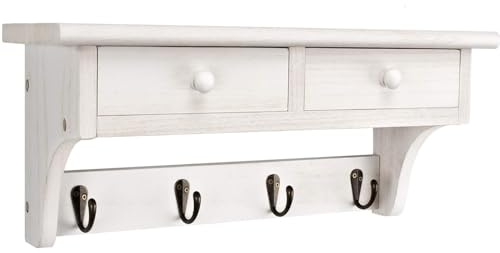 Emfogoo Appendiabiti da parete in legno, Attaccapanni Porta Abiti, Ingresso Carico Massimo 25 kg con 4 Collegamenti e 2 Cassetti, Ganci da Parete per Ingresso, Camera da Letto, Cucina e Bagno