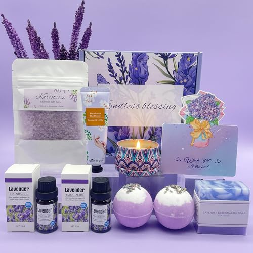 Bath Set Pamper Gifts For Women, Mothers Day Gifts For Mum, Lavender Skincare Get Well Soon Gifts Ideas For Her Friend Sister, Relax SPA Ladies Self Care Hampers, Anniversary Birthday Present