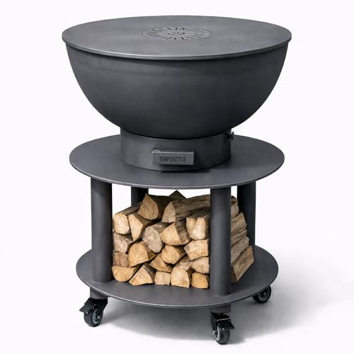 Tempo Style – Barbecue a Legna e Carbone Stromboli | BBQ Tondo in Acciaio Corten da Esterno & da Giardino con Griglia di cottura in Acciaio Inox 316 sp.1cm, Portatile con Ruote (Antracite)