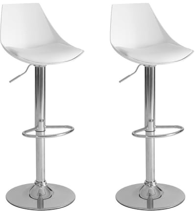 LOLAhome - Set de 2 Taburetes Altos Cocina Giratorios en 360°, Juego de Sillas de Bar Regulables en Altura de 83 a 104 cm, con Respaldo, Estructura Metal y Reposapiés, Blancos
