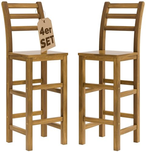 Casaria® Set 4 Sgabelli Rustici in Legno con Schienale per Esterno 75cm con Poggiapiedi Sgabello Bar Giardino Cucina