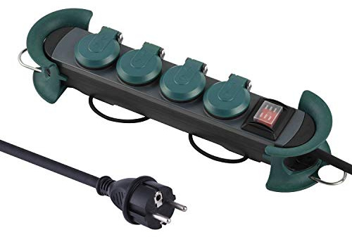Electraline 92427 professionellt grenuttag för utomhusbruk, 4 skyddskontakter med IP44-kontakt, hängande med 2 krokar, 3 m gummikabel H07RN-F 3G1.5