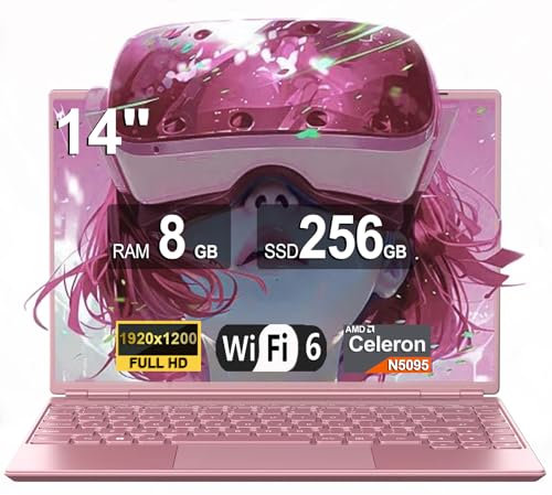 NOTODD 2025 Laptop 14 Zoll Win11 4-Core Celeron N5095 (bis 2.9GHz) 1920x1200 Notebook 8+256GB SSD Unterstützung 1TB(TF-512GB) Kühlgebläse Type-C Deutscher Tastaturschutz und kabellose Maus-Rosa