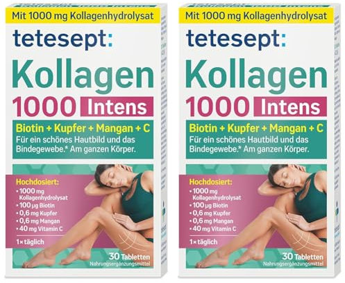 tetesept Kollagen 1000 Intens – Nahrungsergänzungsmittel mit Kollagen, Vitamin C, Biotin, Kupfer & Mangan – Für das Bindegewebe und ein schönes Hautbild – 1 x 30 Tabletten (Packung mit 2)