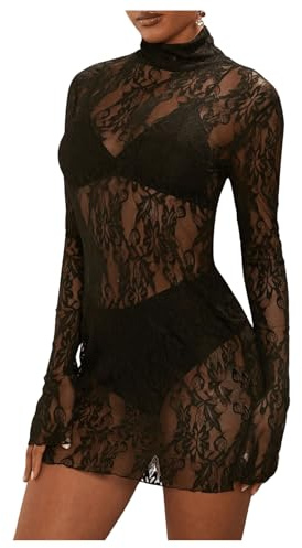 BEAUDRM Women's Lace Mini Dress See Through Sheer Mesh Lingerie Dress Mock Neck Bodycon Dresses Party Outfits Clubwear Black Small