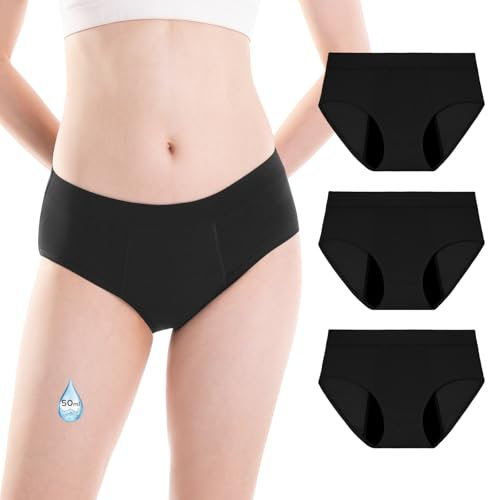 INNERSY Mutande Ciclo Mestruale Ragazza Nero Cotone Slip Igieniche Flusso Abbondante Lavabili 3 Pack (L, Nero)