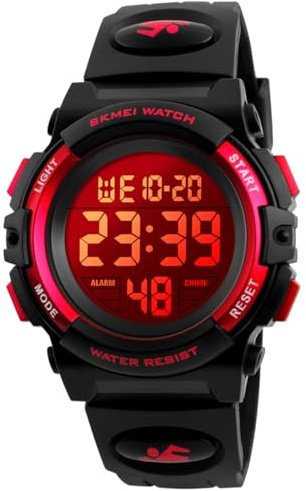 Alienwork Seven-Color LED Digital Kinderuhr Jungen Mädchen Schwarz Kautschuk-Armband Kalender Mehrfarbig Chronograph Sportlich Multi-Funktion