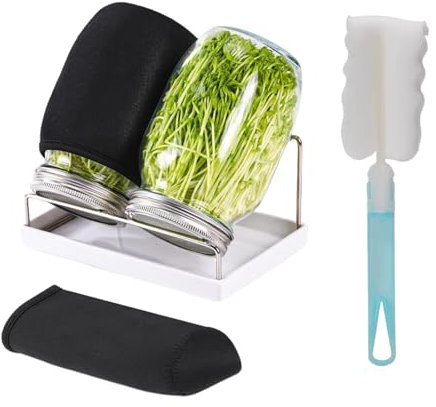 Yuedefly Kit de tarros de germinación de semillas, 2 tarros grandes de boca ancha con tapas de germinación de acero inoxidable, 2 fundas opacas, bandeja de drenaje, soporte de acero inoxidable para