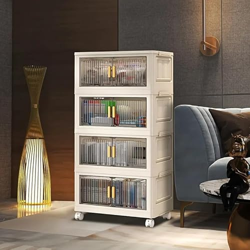 Storage Boxes with Lids,4 Tier Collapsible Large Plastic Storage Bins with Wheels and Magnetic Doors,Stackable Foldable Storage Boxes Easy Assembly For Kitchen Bedroom Livingroom