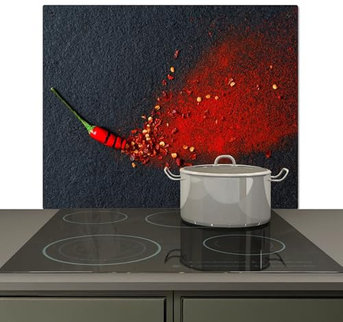 KitchenYeah© Spritzschutz Küchenrückwand Vinyl 65x52 cm Küche Wand Deko Küchenwand Rückwand, Ceranfeldabdeckung Pfeffer - Kräuter - Beton - Rot - Grau