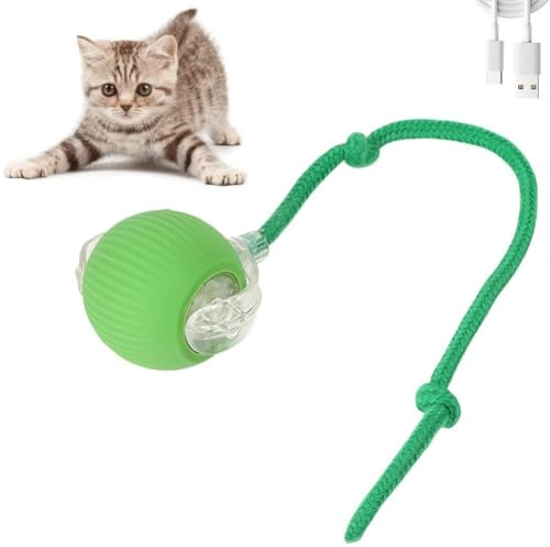 XUNNIU Verde Pelota Juguetes Gatos, Eléctricos Juguete Interactivo Gato y Perro con Cuerda, Inteligente Pelota interactiva Perro, Rotación automática,Juguetes para Perros y Gato