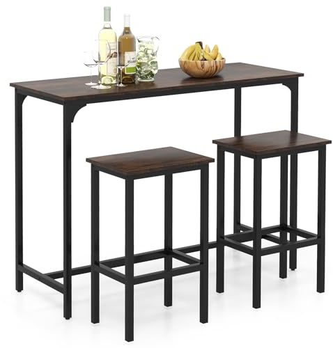 GIANTEX Tavolo Alto Cucina per 3 Persone, Tavolo da Pranzo in Piedi Rettangolare, 2 Sgabelli con Poggiapiedi, Struttura in Metallo, Stile Industriale per Spazio Piccolo, Sala da Pranzo, Ristorante