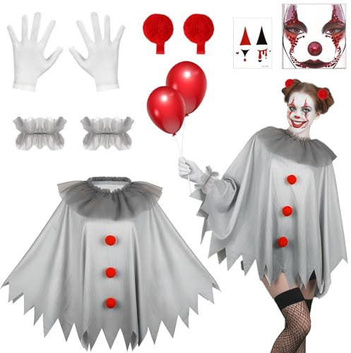 Beipegin Costume Clown Teur Femme,Clown Poncho Ballons Rouges Gants Manchettes en Tulle Joker Terrifier Deguisement Halloween Femme