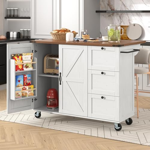 EINHOM Kitchen Island on Wheels, Kitchen Trolley with Retractable Workbench, Fitted with Towel Rack, Cupboard with Doors and Three Drawers, Lockable Wheels