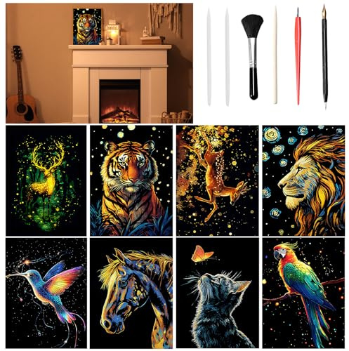 VLYX Arte da Grattare per Adulti e Bambini, Kit 8 Pezzi Arcobaleno Luminoso con Strumenti di Grattazione, Materiali Creativi per Bambini e Adulti (Animali)