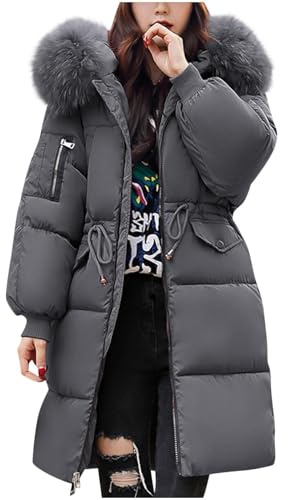 Winter Jackets for Women UK, Quilted Down Long-Lenght Puffer Coats Ladies Lightweight Waterproof Jacket with Faux Fur Hood Plus Size Slim Trench Coat Long Sleeve Warm Padded Outwear Hiking Parka
