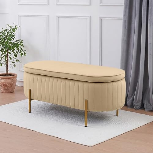 IlGruppone Panca Imbottita Divanetto In Velluto Contenitore Pouf Grande XXL PortaOggetti Panca Sgabello A Pie Di Letto Con Gambe In Metallo Dorato Legno Massello - Beige - Taglia XXL