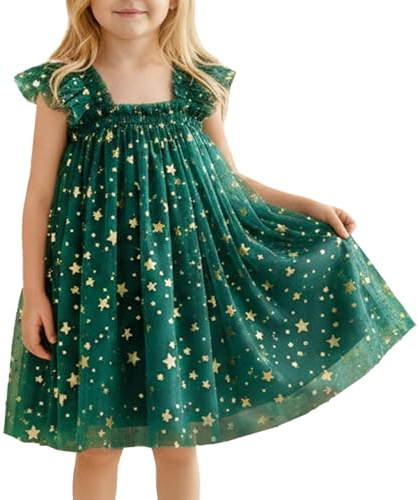 JiAmy Baby flicka julklänning småbarn stjärna paljett tyll julgran klänning ärmlös födelsedagsfest tårta smash outfit för flickor 12 månader – 5 år, Grön stjärna, 3-4 År