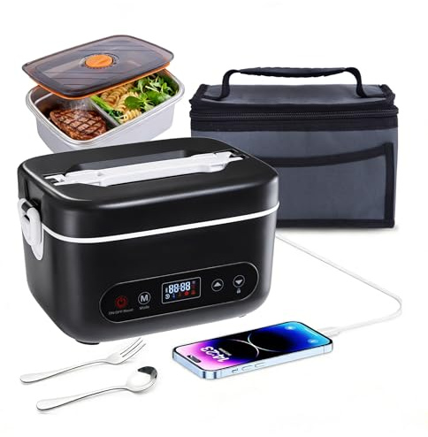 Fagalil Porta Pranzo Riscaldato Senza Fili, Porta Pranzo Elettrico a Batteria da 1,2 L per Adulti, Scaldavivande Portatile in Acciaio Inox con Stoviglie e Borsa Termica per Auto Lavoro Viaggio Casa