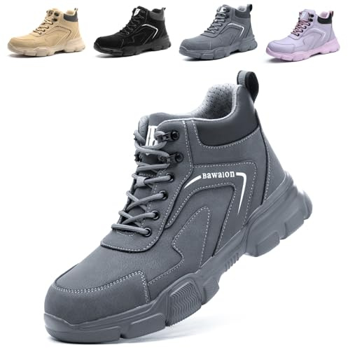 Bawalon Chaussures de Sécurité Hommes Femmes Montante, Imperméable Bottines de Sécurité avec Embout en Acier Légère Antidérapant Bottines de Travail Bleu Grisâtre 42 EU