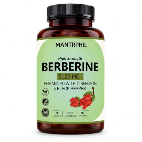 Berberine HCL High Strength Capsules (98% Pure) – 5125 mg Total | 90 One-Daily Capsules | with Ceylon Cinnamon & Black Pepper | Lab Tested, No Additives