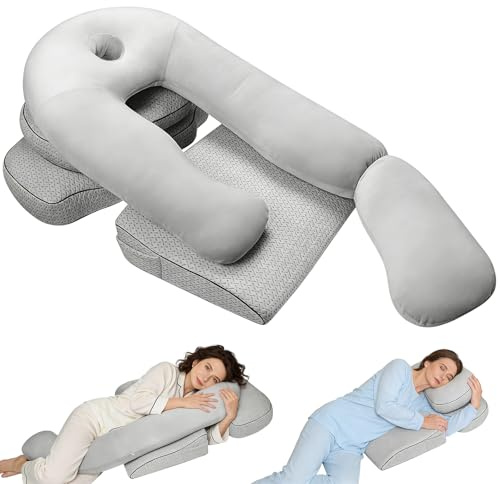 3-i-1 sidosovkudde set med överdrag, J-formad kroppskudde 140 cm med armhål, kilkudde och kudde med öppning, ergonomisk helkropps-sovkudde för sido-, rygg- och magsover
