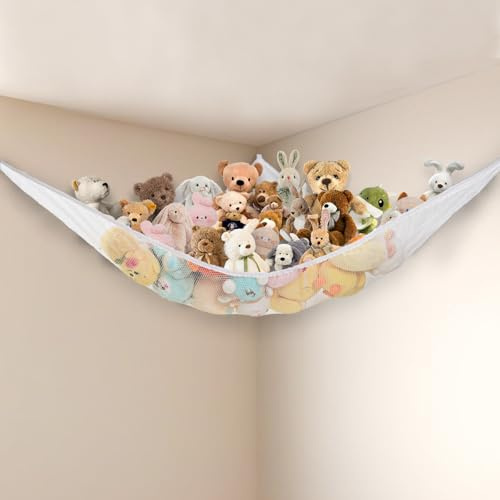 Powkoo Stuffed Animal Net Hammock Corner Large Toy Storage Organizer Holder Plushies Stuffy Storage Hammock for Kids Baby Nursery Bedroom Playroom Home Wall Room Decor (White)
