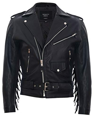 Herr Fringe Hide Leather Brando Tofsad Motorcykeljacka Retro Biker, Svart, XS