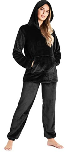 CityComfort Schlafanzug Damen Lang mit Kapuze, Pyjama Damen Set aus Flauschigem Fleece, Geschenke für Frauen & Teenager (Schwarz, XL)