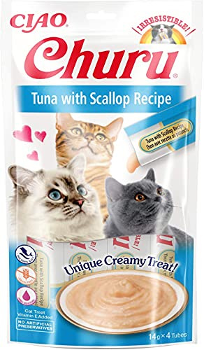 INABA Churu krämig kattmat med tonfisk och kammusslor - 12-pack (48 stift x 14 gr) - kattmat för slickande, hälsosam och utsökt - kattsnacks utan konserveringsmedel eller konstgjorda färgämnen