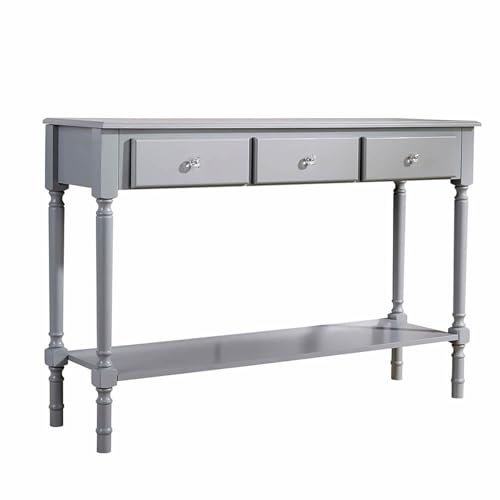 Home Source Hallway Console Table, Side Desk Slim Table with Under-Shelf Storage, Wooden Furniture, 3 Drawer, Grey